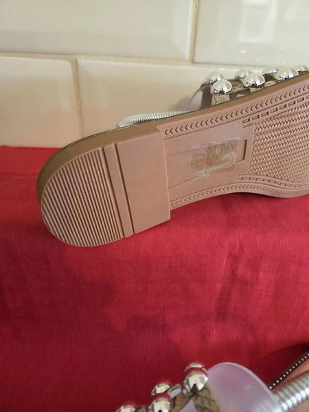 Women's Natural Snake Effect Slides Flip Flops With Chrome Studding Size 6