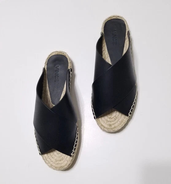 NIB Vince Castel Leather Crisscross Flat Espadrille Slide Sandal Black Sz 5 $225