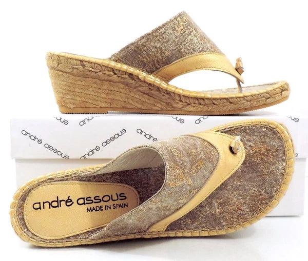 Andre Assous Annette Wedge Espadrille Thong  Slide Sandal Toast Bronze Size 9