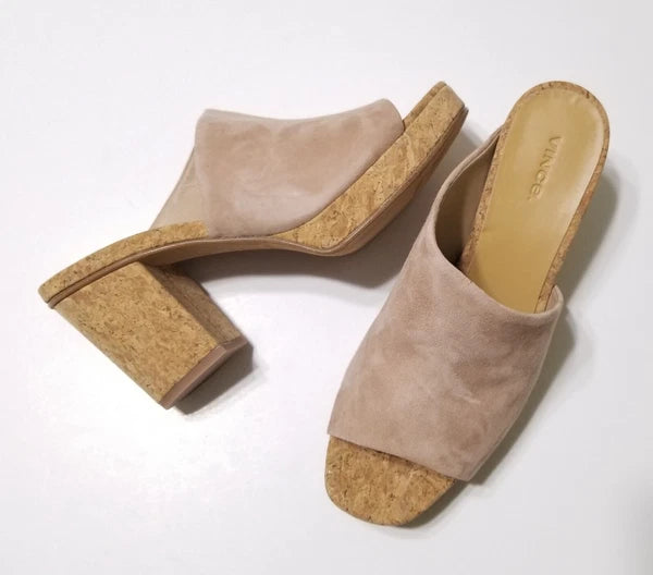 NIB Vince Wyatt Cork Block Heel Platform Slides Sandal in Oatmeal Size 9.5 $325