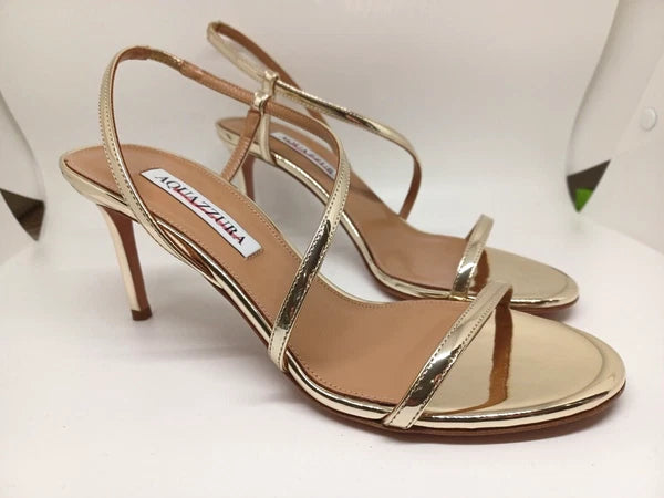 New AQUAZZURA $750 Shiny Gold Metallic Strappy Stiletto Sling Sandal Italy EU 37