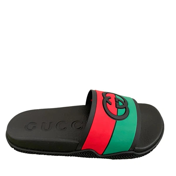 Authentic GUCCI Women's Interlocking G Slide Sandal Black Red Green Size 37 NEW