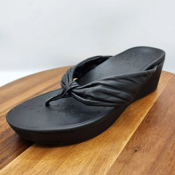 Vionic Arabella Thong Wedge Sandals 11 Black Leather Flip Flop Platform Support