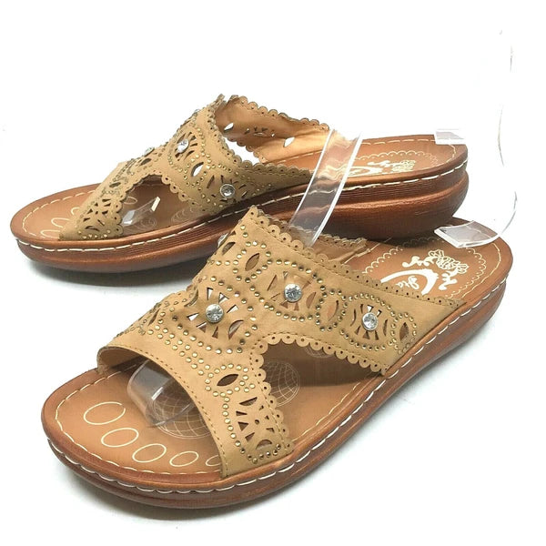 Italina Women's Slide Sandals Brown Rhinestone Straps Size 6.5 Slip-On  [A20]