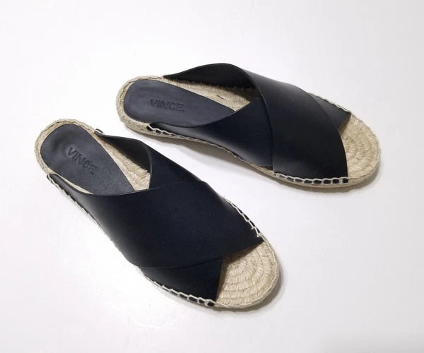 NIB Vince Castel Leather Crisscross Flat Espadrille Slide Sandal Black Sz 5 $225