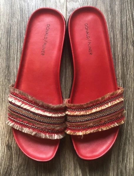 Donald Pliner  Fiji Red Leather Fringe Womens Platform Wedge Slide Sandals 10