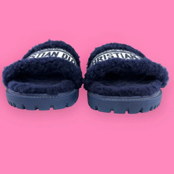 AUTHENTIC Christian Dior Dway Shearling Fur Deep Blue Slides Sandals - Size 36