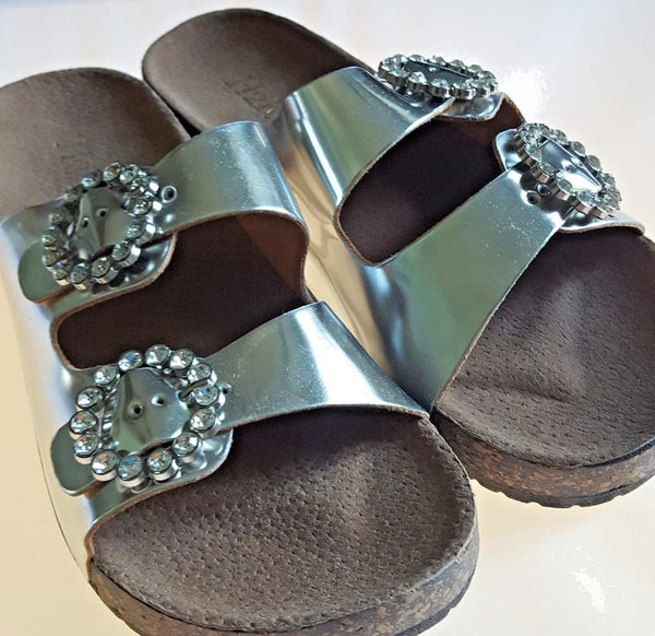 H2K KAREN STONE Buckle Ornament SILVER Fashion Slide Flip Flops Sandals Bling