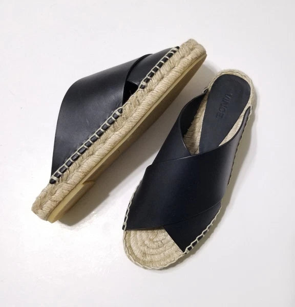 NIB Vince Castel Leather Crisscross Flat Espadrille Slide Sandal Black Sz 5 $225