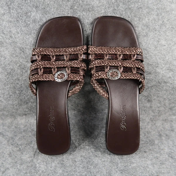 Brighton Shoes Womens 6.5 Sandals Leather Woven Slide Fashion Block Heel Brown