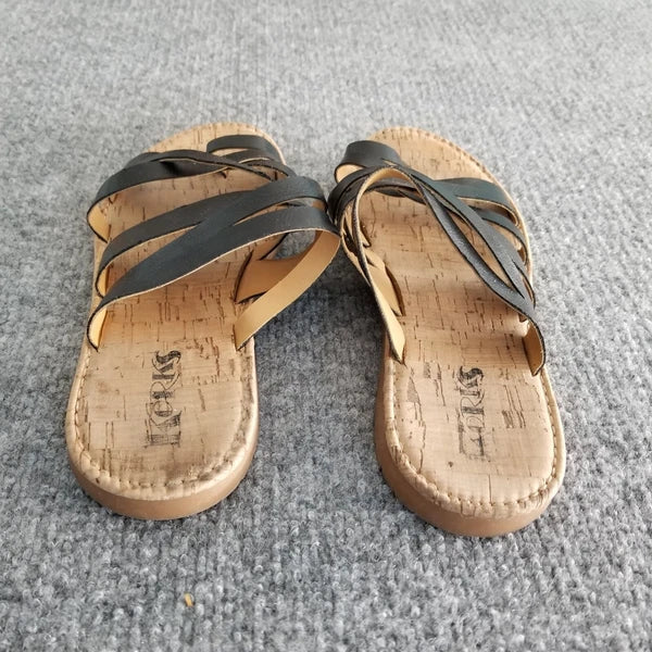 Korks Women US 9M Strappy Sandals Solid Black Straps with Beige Soles Slides *