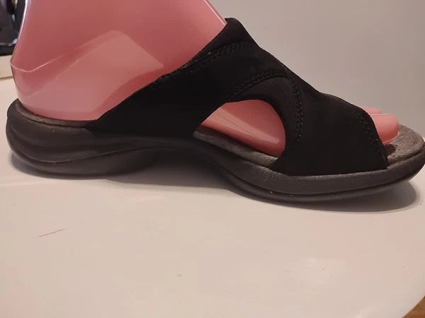 Women's 6 Merrell Topo Cross Black Suede Leather Sandals Air Cushion Slide Vtg