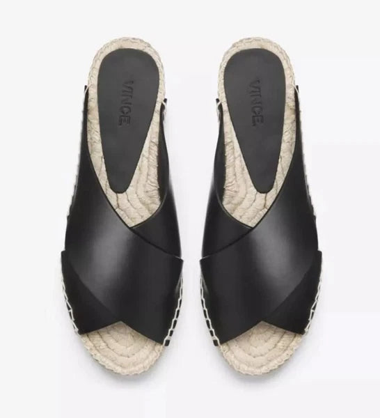 NIB Vince Castel Leather Crisscross Flat Espadrille Slide Sandal Black Sz 5 $225