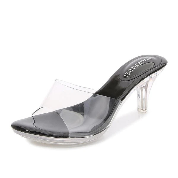 Women Clear High Mid Heel Sandals PVC Peep Toe Platform Shoes Slipper Slide Mule