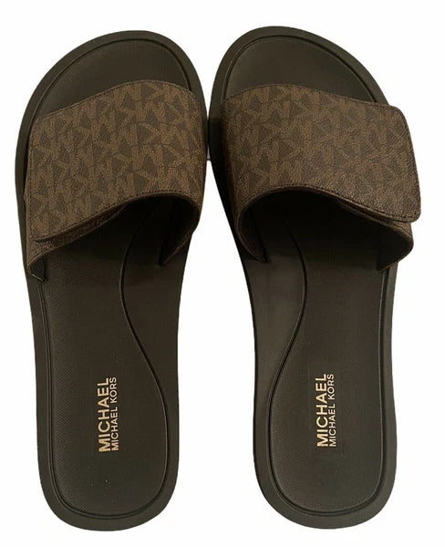 Michael Kors Wade Slide MK Signature Logo Sandals Adjust Closure Brown SZ 9 New
