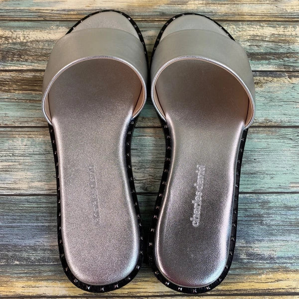 Charles David Slide Sandal Womens Sz 7.5M Silver Leather Low Heel Slip On Casual