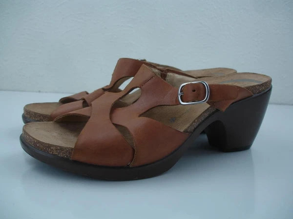 Women's 7.5 8 sz 38 Dansko Kai Tan Brown Leather Slide Sandals Clog Slip-On Heel
