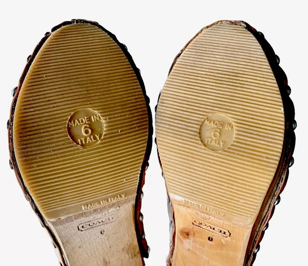 COACH “FELICITY” MONOGRAM CANVAS CLOG HEEL/SANDALS BROWN WOMENS 6 MADE IN ITALY