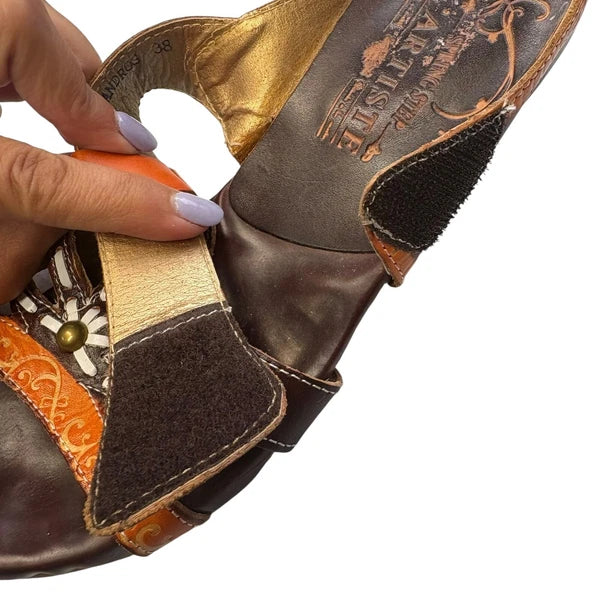 L'Artiste Women's Spring Step Leather Wedge Sandals Floral Accent Slides 38