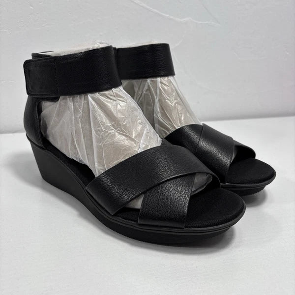 Naturalizer Riviera Womens Sz 8.5m Black Leather Flat Wedge Sandals NEW