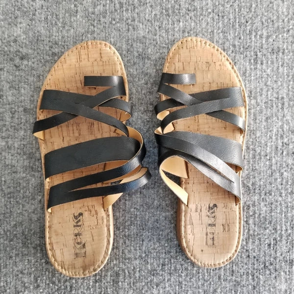Korks Women US 9M Strappy Sandals Solid Black Straps with Beige Soles Slides *
