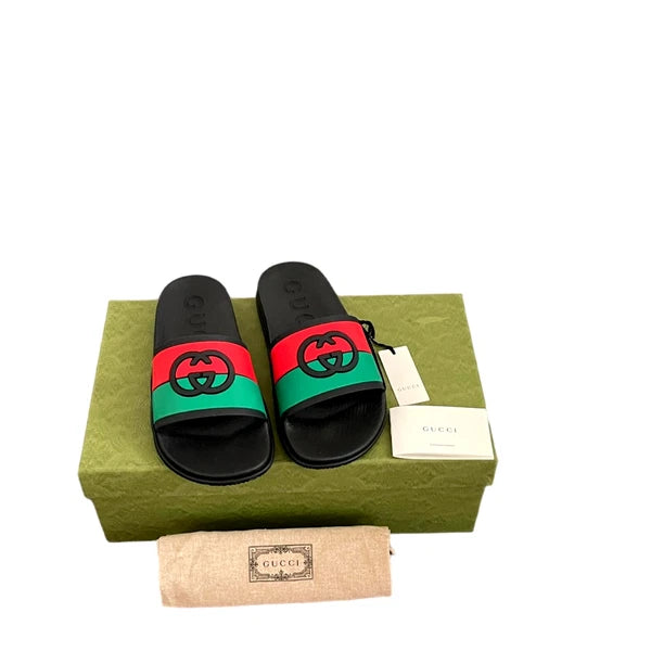Authentic GUCCI Women's Interlocking G Slide Sandal Black Red Green Size 37 NEW