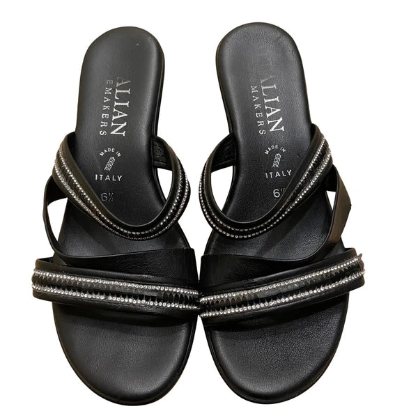Italian Makers Black Rhinestone Wedge Sandals Slides Made in Italy 6.5