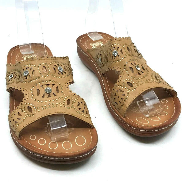 Italina Women's Slide Sandals Brown Rhinestone Straps Size 6.5 Slip-On  [A20]