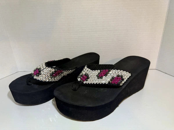 Bedazzled Crystal Y2K Black Flip Flop Wedge Pink And Black Women’s SZ 8