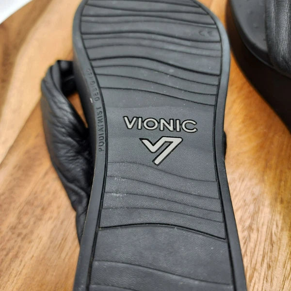 Vionic Arabella Thong Wedge Sandals 11 Black Leather Flip Flop Platform Support