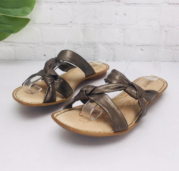 Born Slide Sandals Women's 8/39 Bronze Leather Strap Flat Comfort Flip Flop