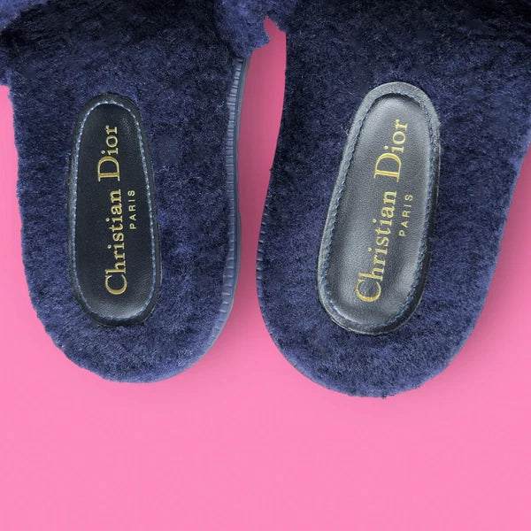AUTHENTIC Christian Dior Dway Shearling Fur Deep Blue Slides Sandals - Size 36