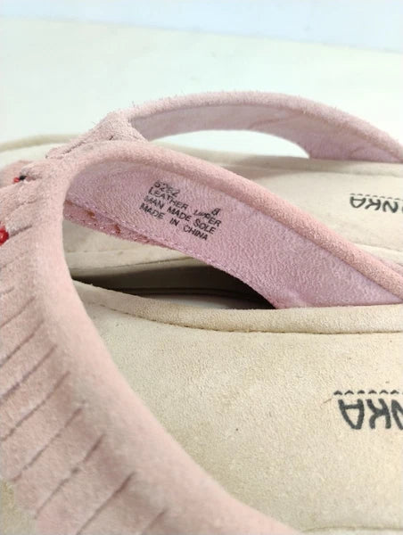 Minnetonka Pink Fringe Leather Suede Thong Sandals Western Style-Size 8