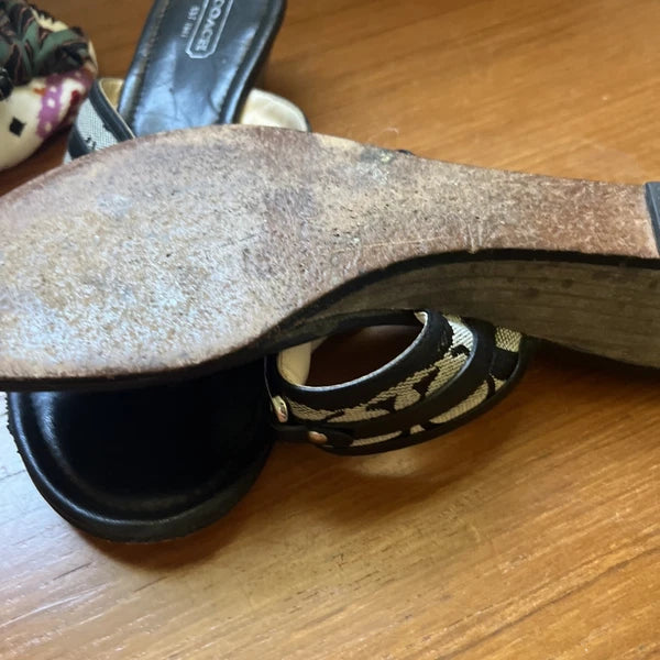 COACH Black Monogram Logo Virginia Signature Thong Slide Wedge Sandal Heels