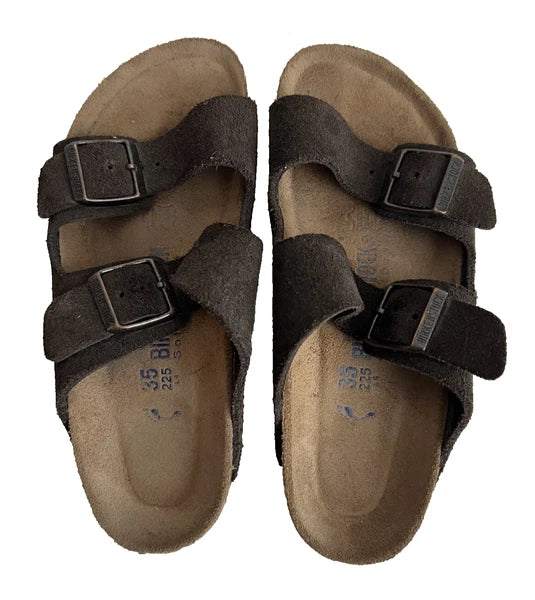 BIRKENSTOCK ARIZONA BROWN SUEDE & SOFT FOOTBED SLIDE SANDALS L4 .35 FREE SHIP