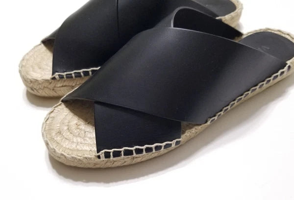 NIB Vince Castel Leather Crisscross Flat Espadrille Slide Sandal Black Sz 5 $225