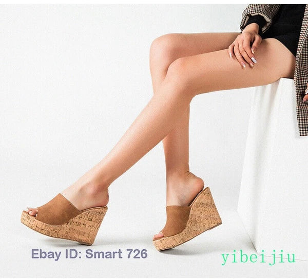 Women's High Wedge Heel Platform Mules Open Toe Sandals Summer Slippers Slide Sz