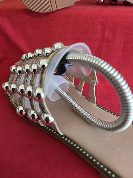Women's Natural Snake Effect Slides Flip Flops With Chrome Studding Size 6