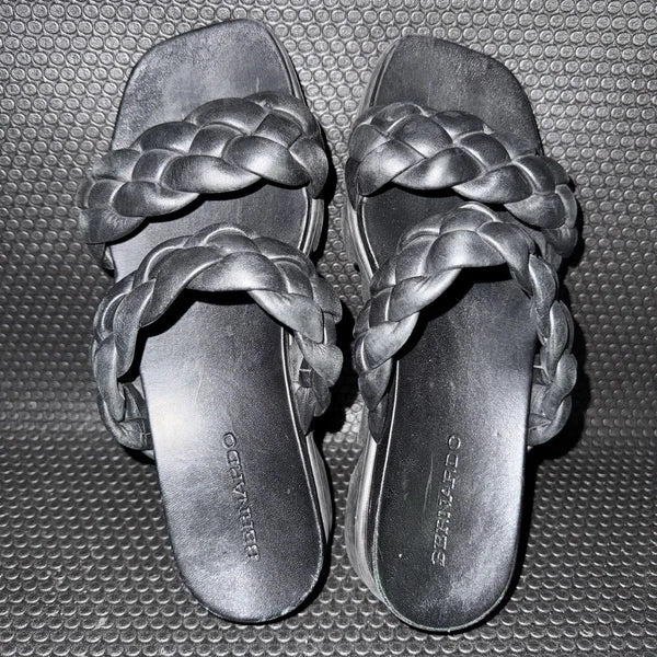 BERNARDO Ciara Luxury Black eather Woven Braided Slides Sandals Women’s Size 8.5
