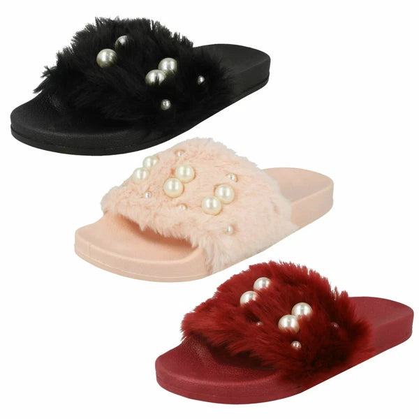 Ladies Spot On Pearl Trim Faux Fur Slider Style Sandals