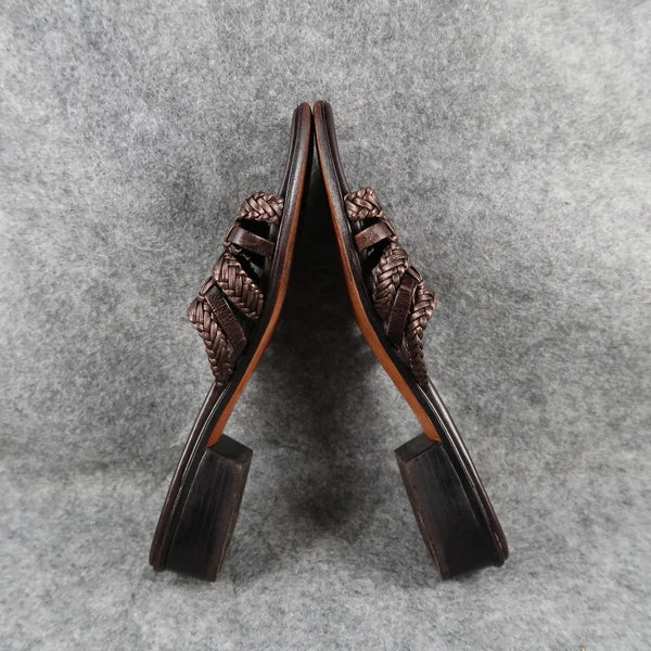 Brighton Shoes Womens 6.5 Sandals Leather Woven Slide Fashion Block Heel Brown