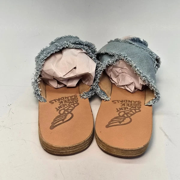 Ancient Greek Sandals Women's Size 8  Denim Frayed Slide Slip Ons Handmade Flats