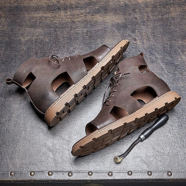 Roman Style Open Toe Sandals Ankle Boots Beach Real Leather Men Shoes Hollow Out