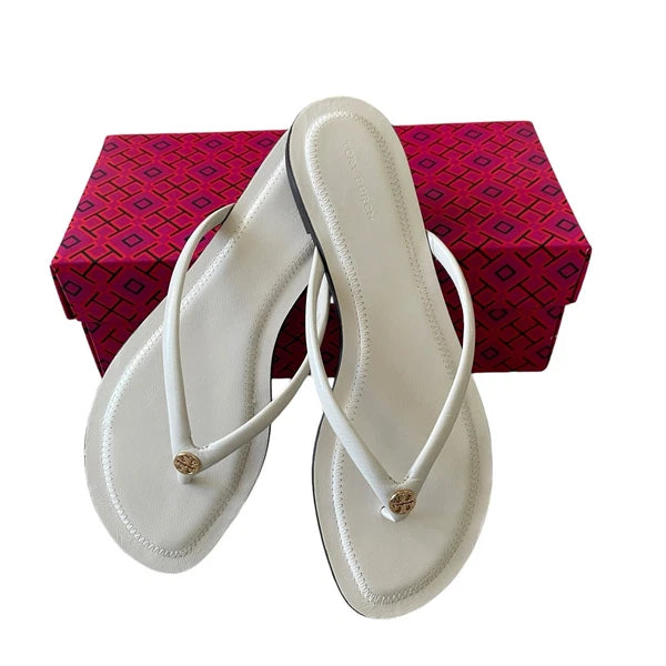 Tory Burch Women Chelsea Leather Flip Flop Thong Sandals Light Cream Sz 7.5 NEW