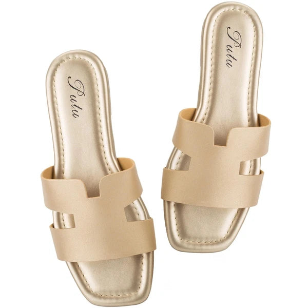 Women's Flat Sandals Summer Sandals Cute Slide Sandals Champagne 5.5