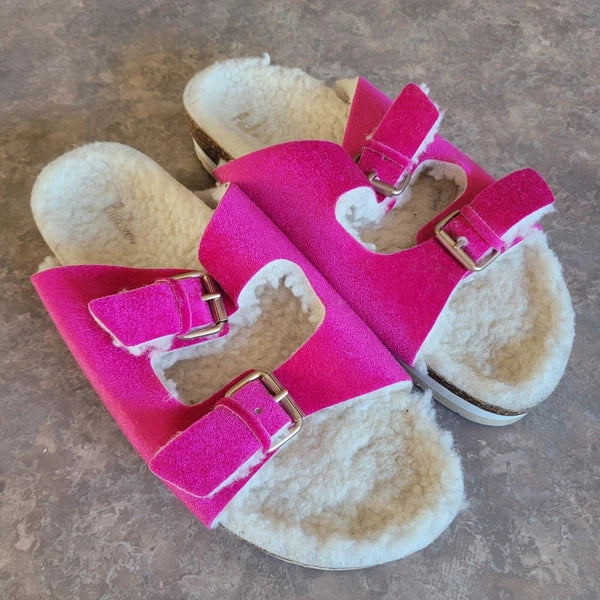 Boden Fuzzy Velvet Cosy Slides Sandals Hot Pink Adjustable Buckle 40 8.5 Sherpa