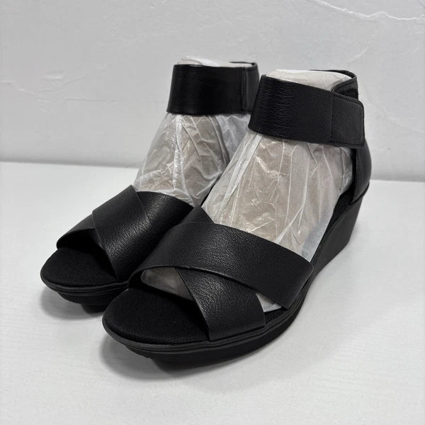 Naturalizer Riviera Womens Sz 8.5m Black Leather Flat Wedge Sandals NEW