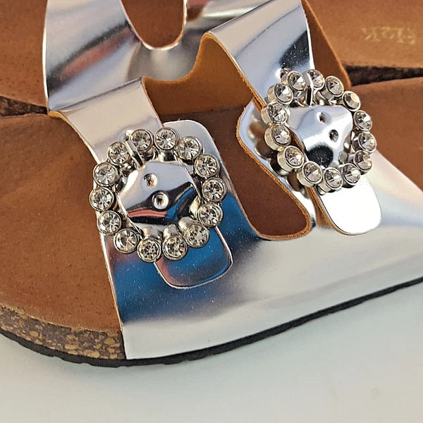 H2K KAREN STONE Buckle Ornament SILVER Fashion Slide Flip Flops Sandals Bling