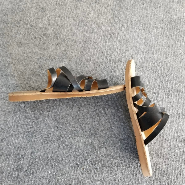 Korks Women US 9M Strappy Sandals Solid Black Straps with Beige Soles Slides *