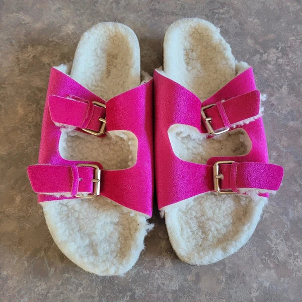 Boden Fuzzy Velvet Cosy Slides Sandals Hot Pink Adjustable Buckle 40 8.5 Sherpa